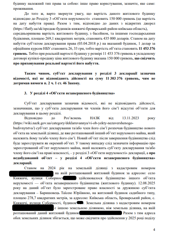 ''Депутат Черниговского облсовета Барышевец не задекларировал 34 млн гривен'' – жалоба на почту