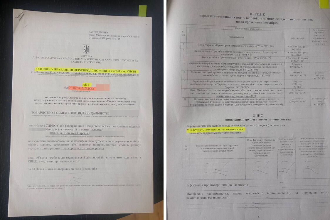 Фрагмент акту перевірки Держпродспоживслужби