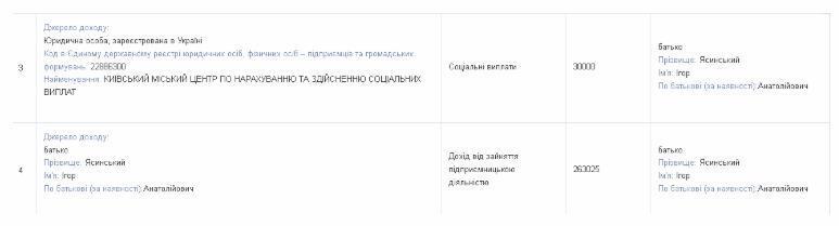 Задекларированные доходы Игоря Ясинского