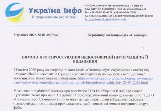 Вимога від Михайла Курочкіна про спростування недостовірної інформації