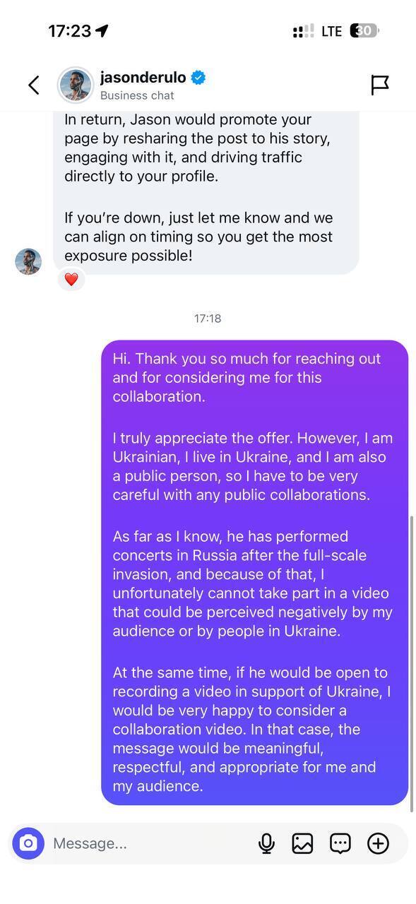 Катерина Білик поставила умову Derulo для можливої співпраці