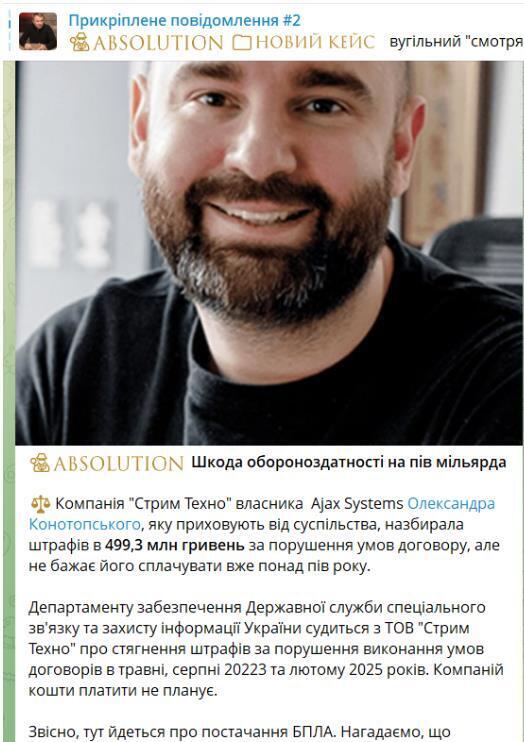 Інформація про штрафи на телеграм каналі Absolution Leaks
