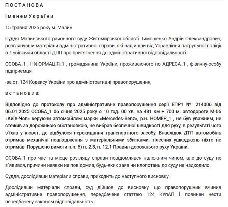 Решение №283/133/25 Малинского районного суда Житомирской области