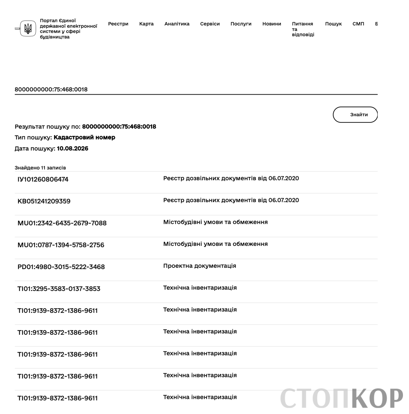 Результати пошуку в Реєстрі будівельної діяльності за кадастровим номером 8000000000:75:468:0018 (11 знайдених записів)