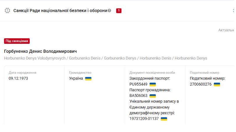 &nbsp;Денис Горбуненко перебуває під санкціями РНБО&nbsp; України