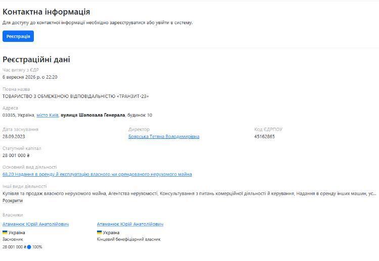 Профіль ТОВ ''Транзит-23'' на Опендатабот