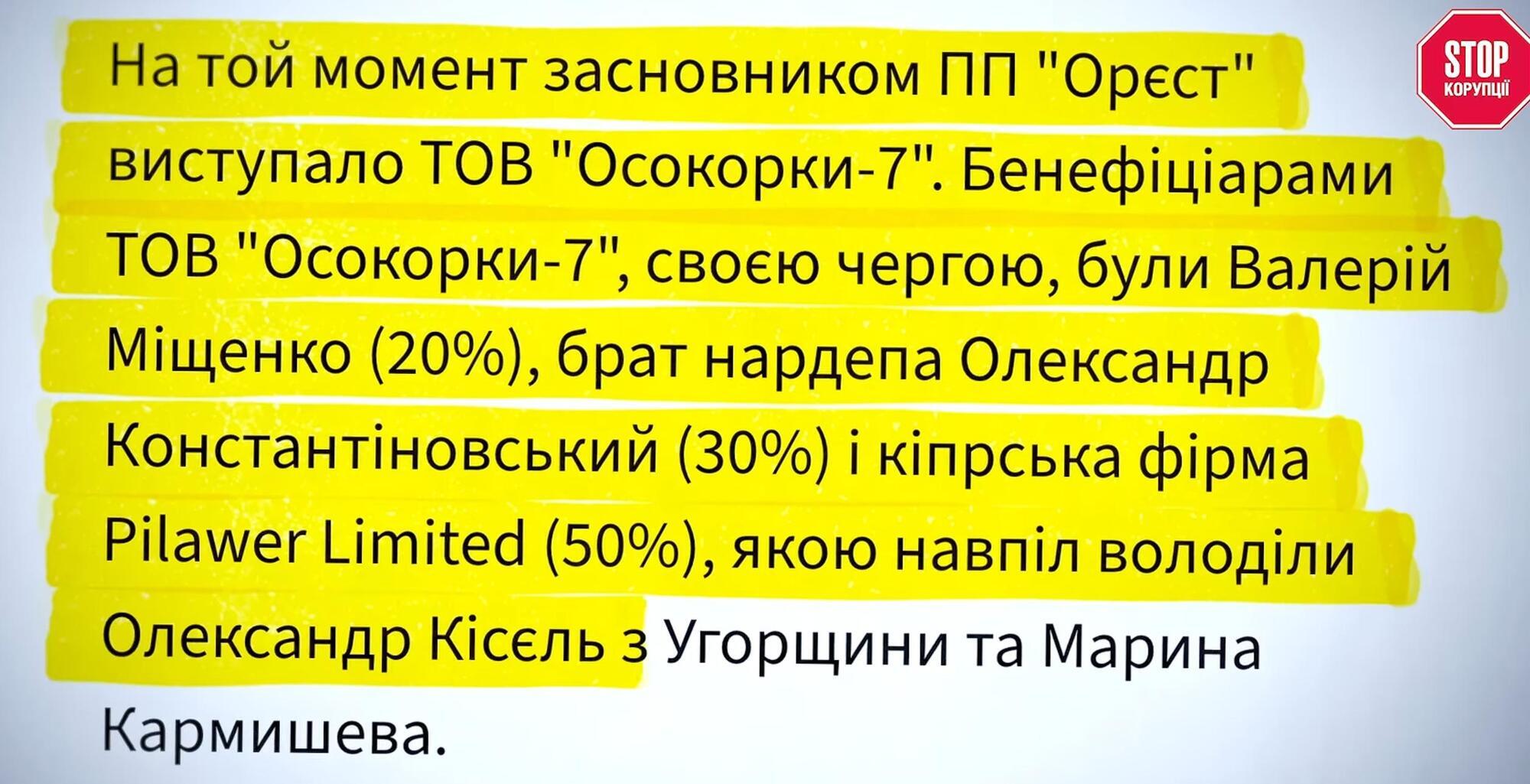 Структура власників ПП ''Орєст'': серед бенефіціарів — Валерій Міщенко, брат нардепа Олександр Константіновський та кіпрська Pilawer Limited