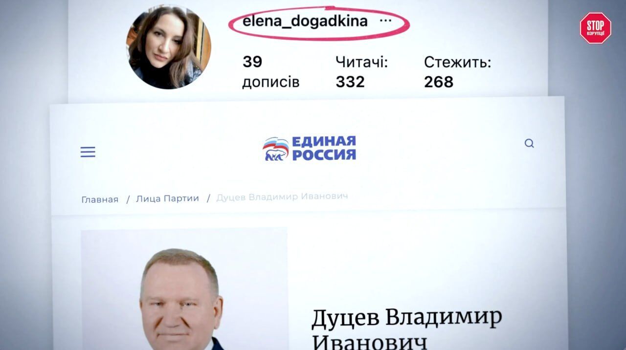 Instagram-акаунт elena_dogadkina та сторінка партії ''Єдина Росія'' з даними депутата, помічницею якого, за даними журналістів, є Єлєна Догадкіна