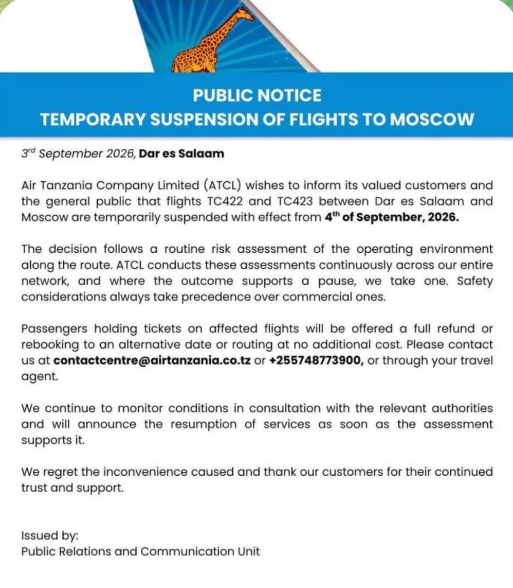 Еще одна компания, Air Tanzania, приостановила рейсы в Москву