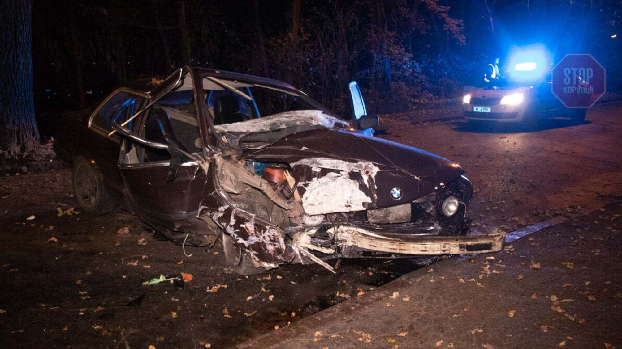 Нічна ДТП у Голосієві: авітвка врізалась у дерево, є постраждалі (фото)