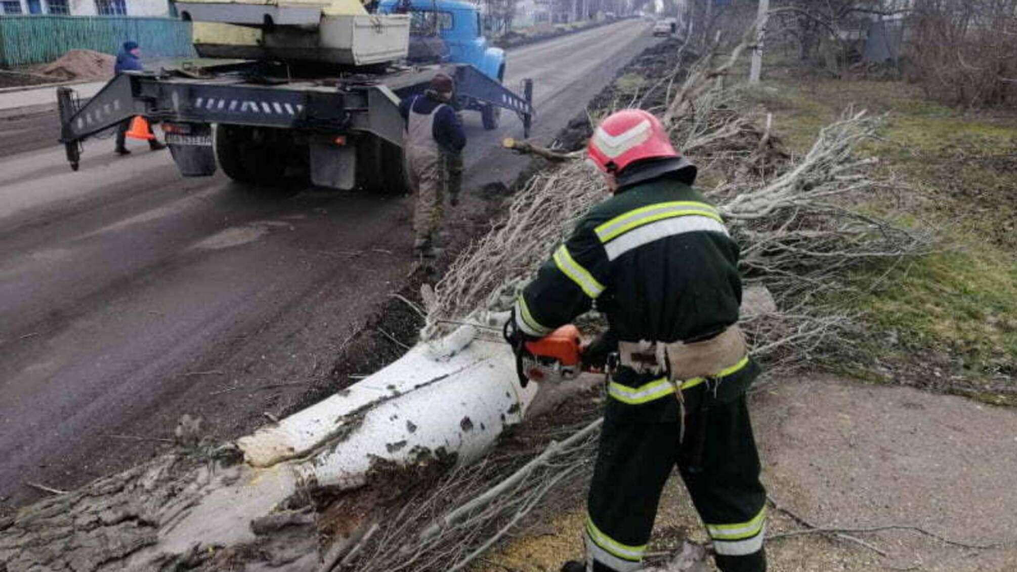 Кіровоградська область: у Новоукраїнці рятувальники надали допомогу комунальним службам по спилюванню аварійних дерев