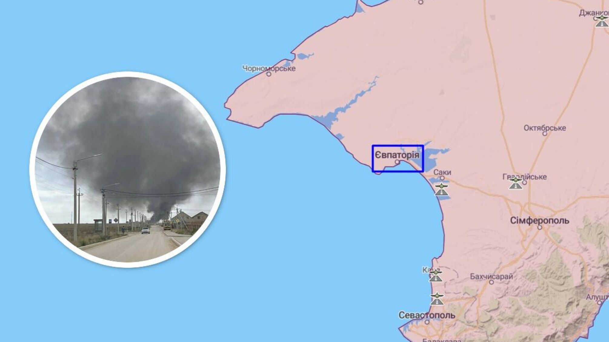 В Крыму возле Евпатории – гигантский столб дыма: что известно