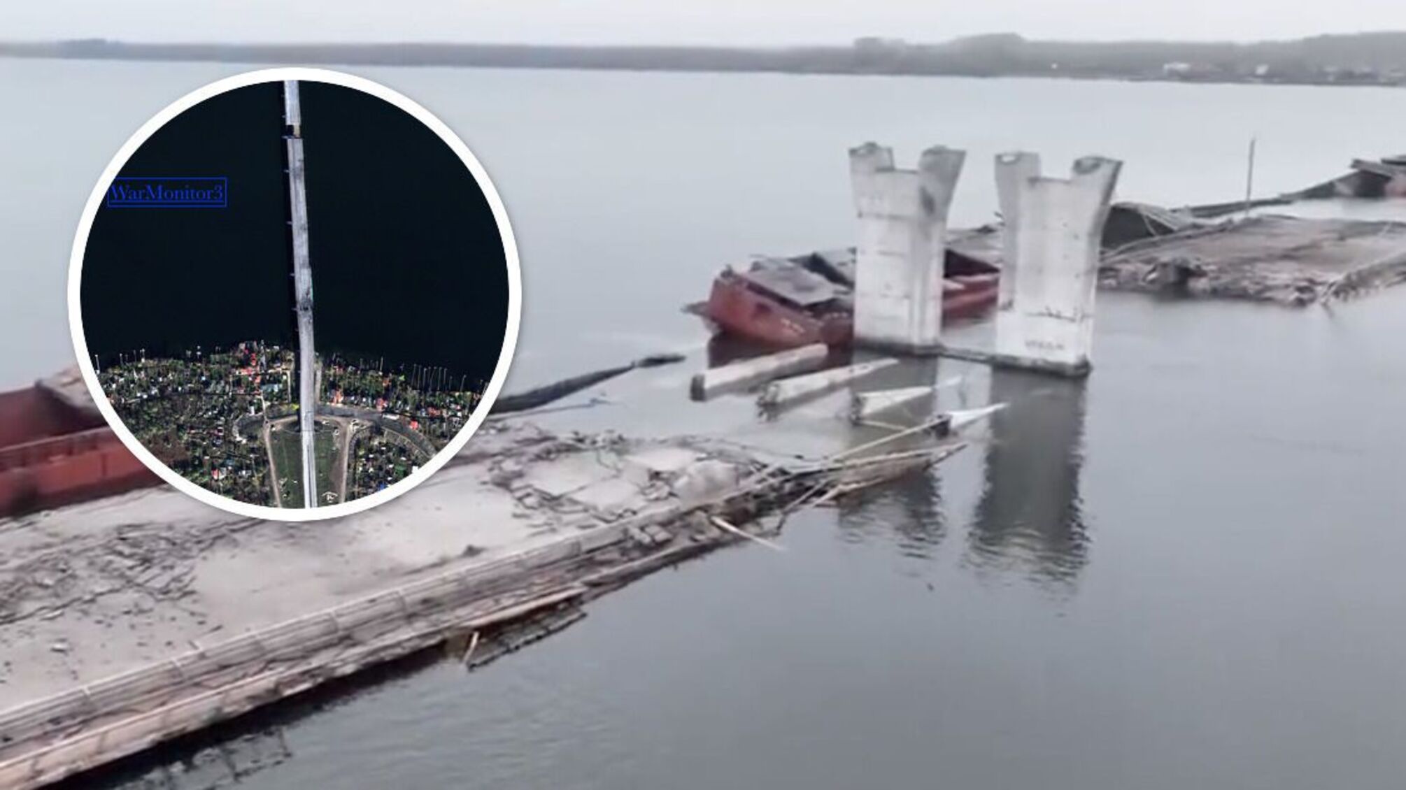Нові знімки Антонівського мосту: права частина зруйнована, зліва – окопи росіян