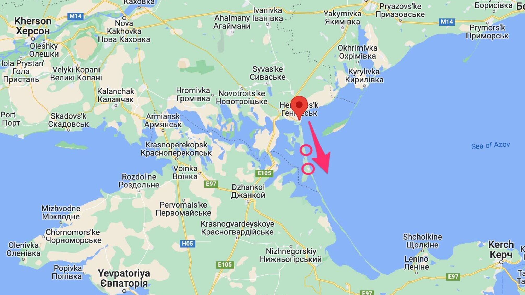 Мешканці Генічеська повідомили про рух російської техніки Арабатською косою в бік Криму