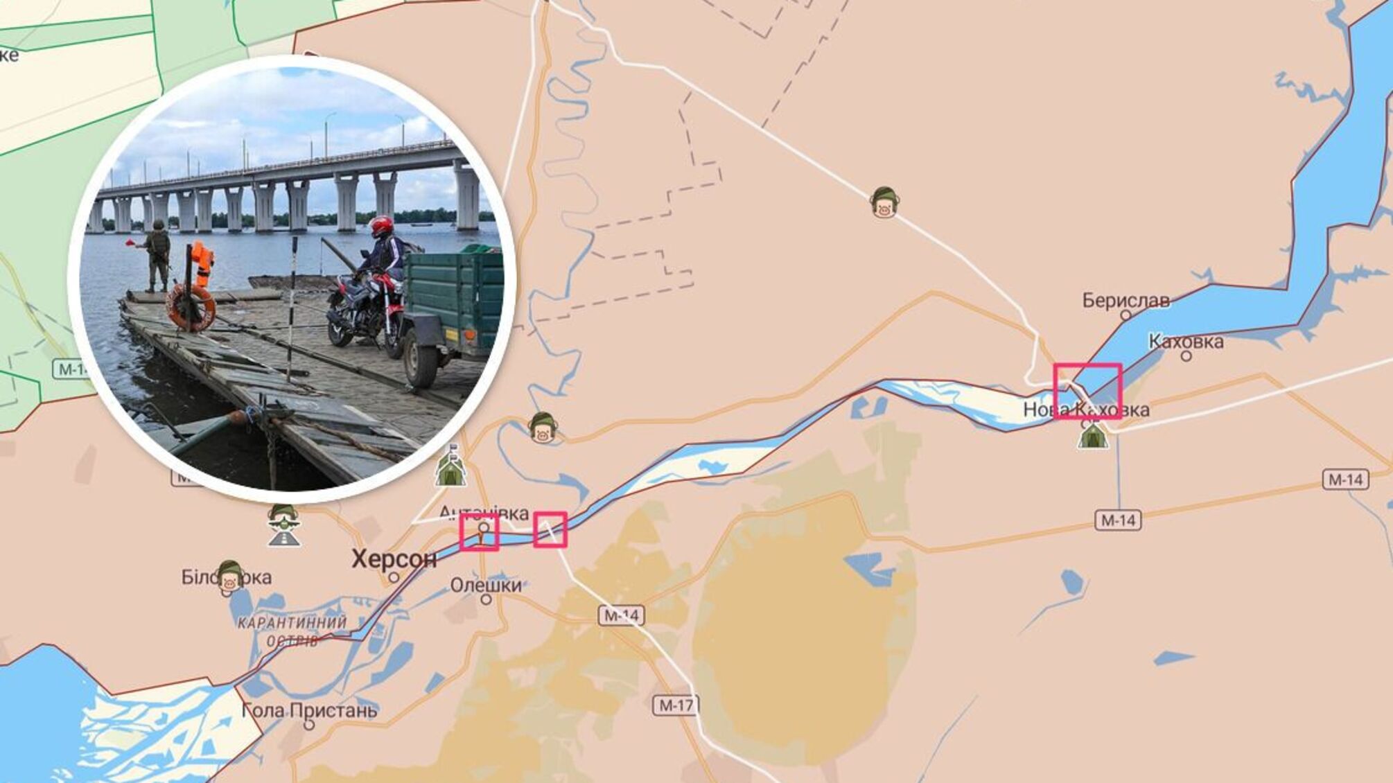 Вместо разрушенных стационарных мостов на Херсонщине россияне используют разные маршруты понтонных переправ