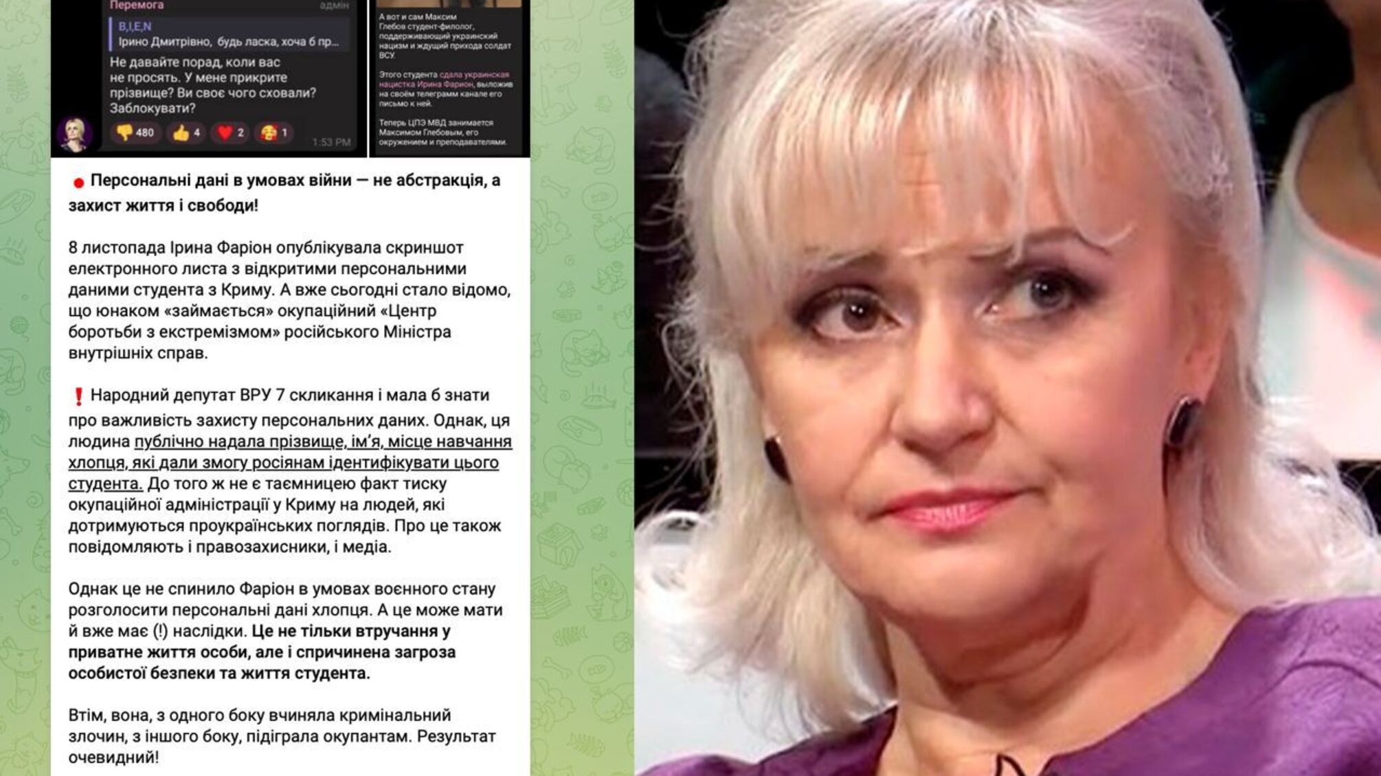 Фарион обнародовала электронное письмо, которое поступило ей от крымского студента