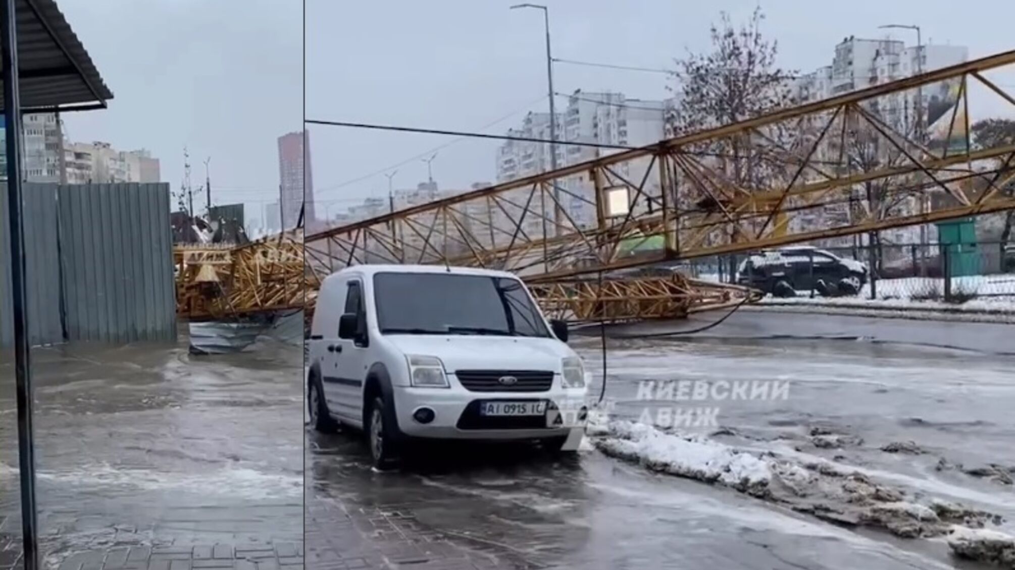 Киевский потоп: на Позняках 'устал' строительный кран и залило полуулицы