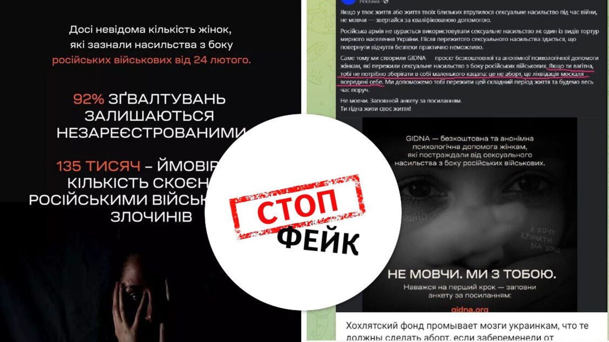 Російська пропаганда використала ім'я проєкту GIDNA, який надає допомогу жінкам, що пережили насильство від окупантів