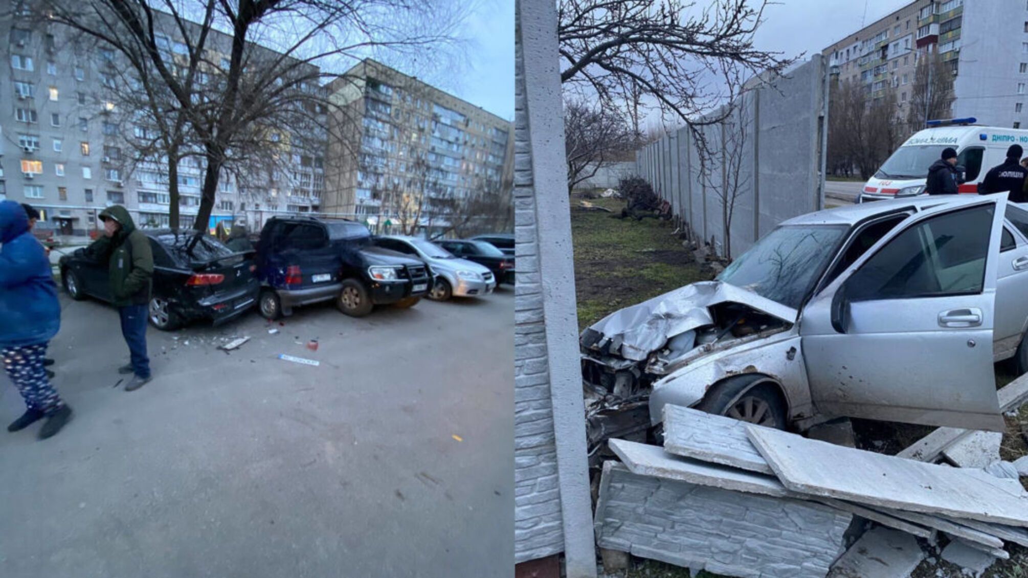 П’яний та без прав: у Дніпрі водій протаранив припарковані автівки та зніс паркан