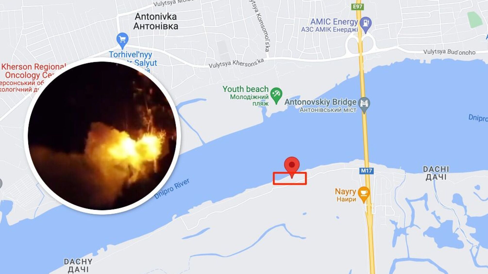 Дрон ЗСУ підірвав ворожий склад БК на 'дачах' біля Антонівського мосту (відео)