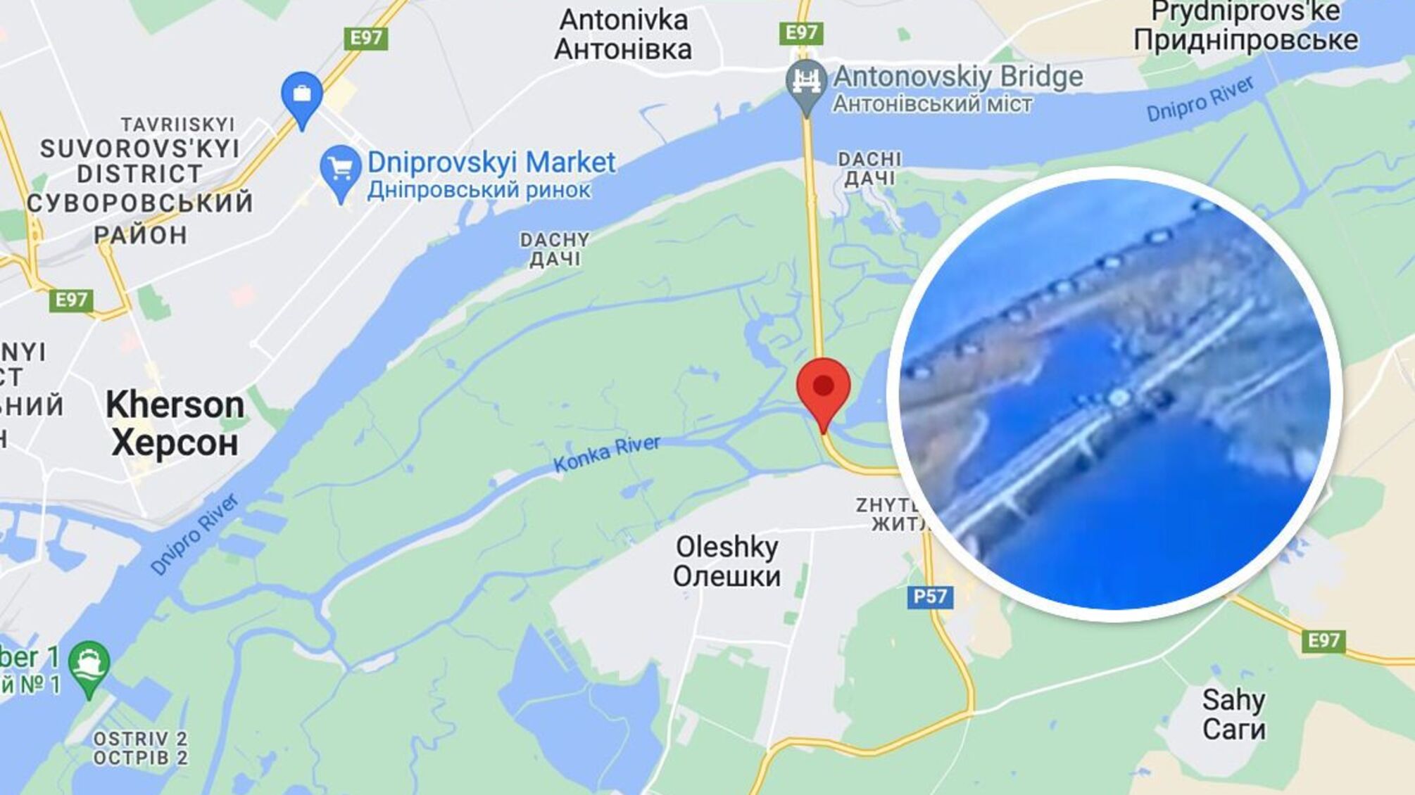 На Херсонщині ЗСУ вдарили дроном по російській позиції під Олешківським мостом (відео)