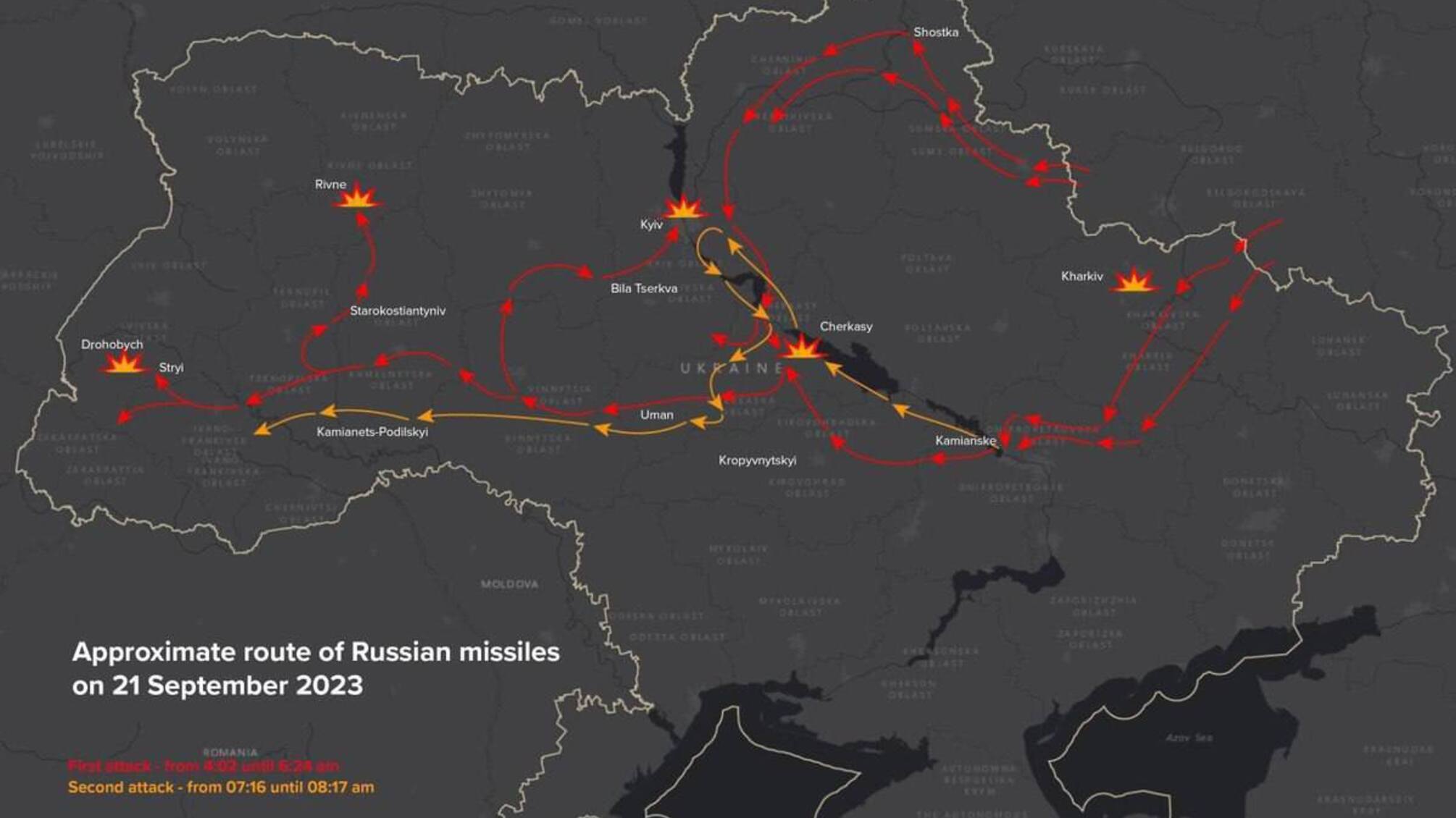Военные аналитики визуализировали маршруты крылатых ракет России во время массированной атаки 21 сентября