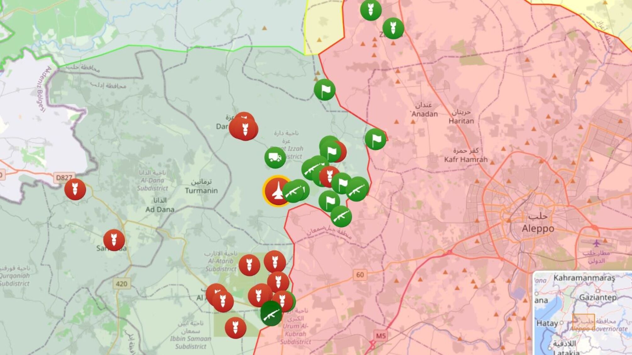 Зеленым обозначена территория, контролируемая оппозицией, а красным — режим Асада