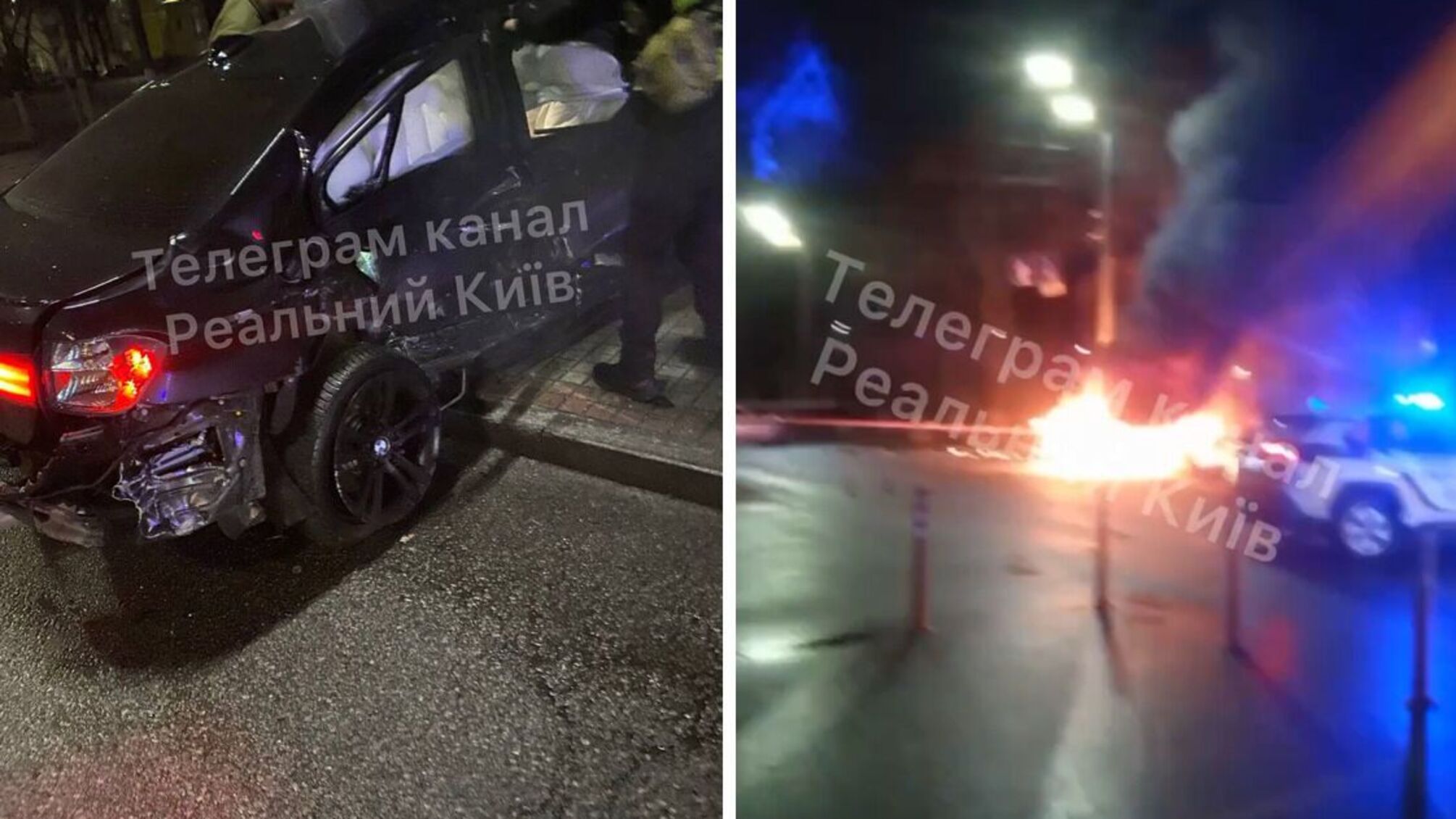Ночное ДТП в Киеве: в результате столкновения сгорел автомобиль марки BMW