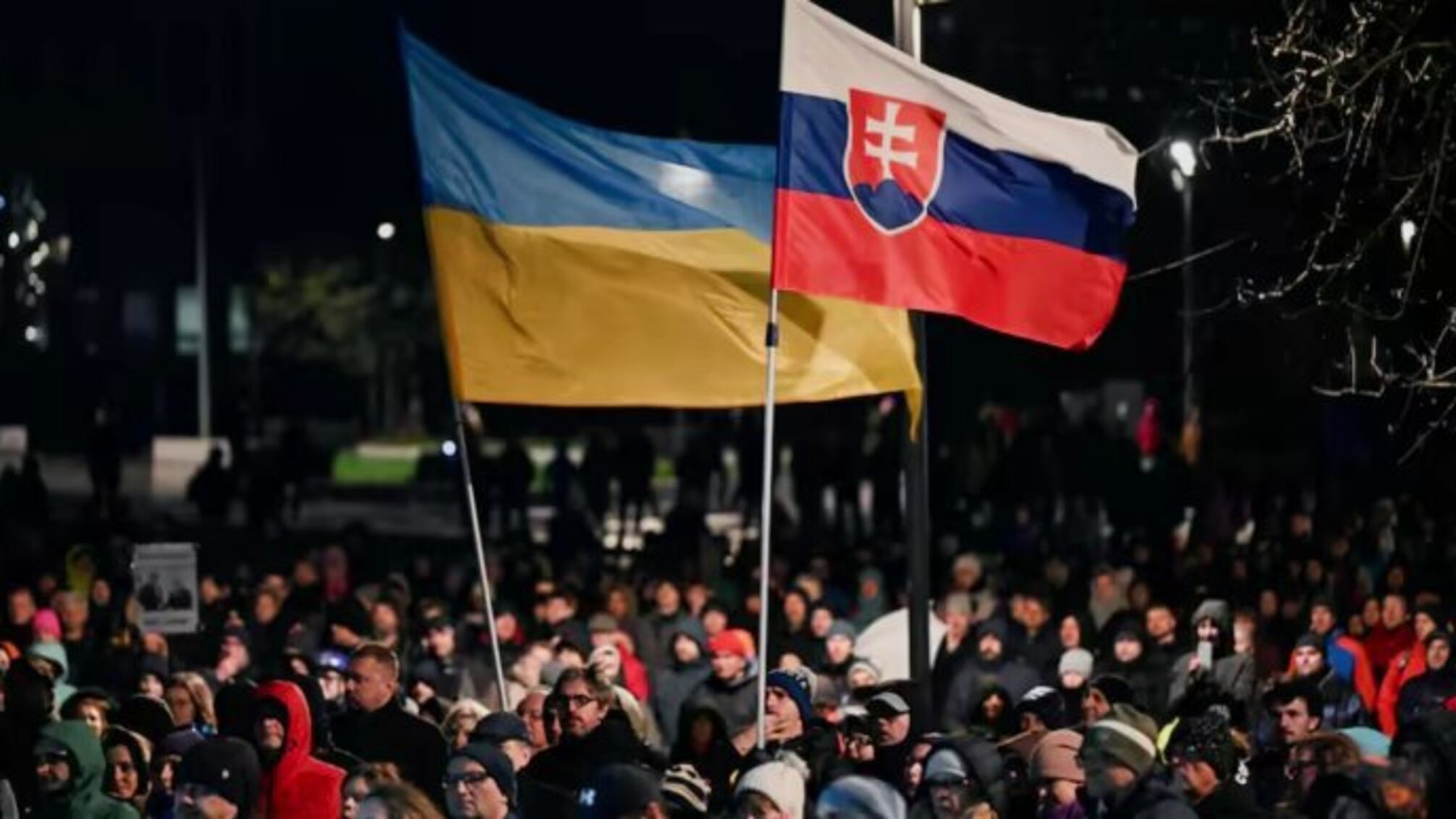 Флаги Украины и Словакии на митинге
