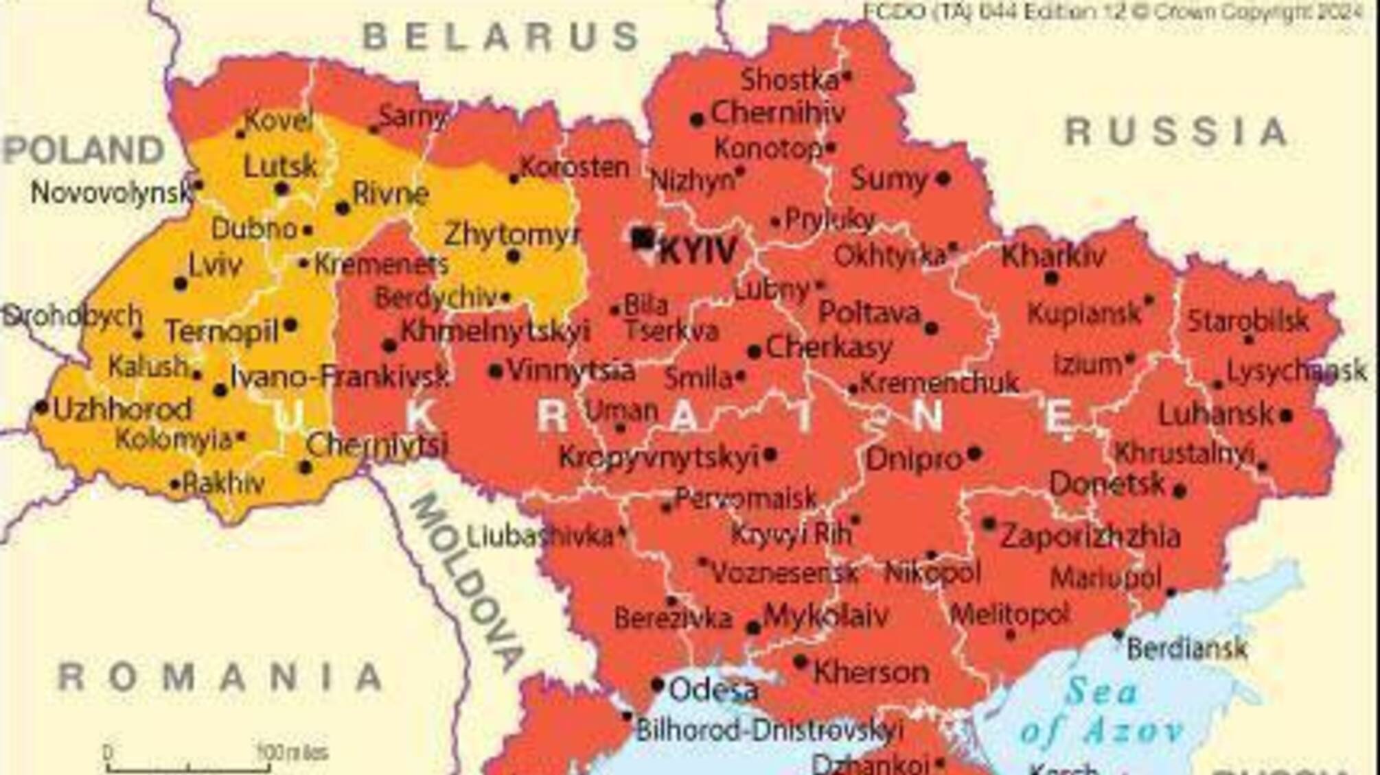 Британія радить своїм громадянам уникати будь-яких поїздок до України, а також у межах 50 км від кордону з Білоруссю , — сайт британського уряду