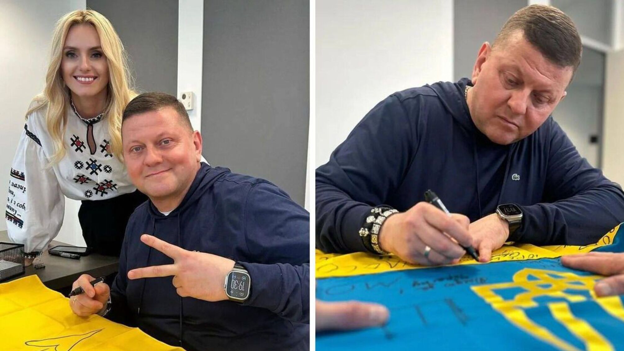 Валерій Залужний із співачкою Іриною Федишин підписують прапор