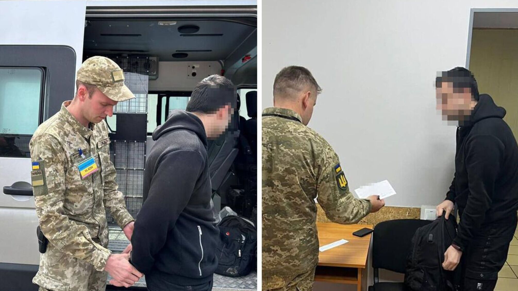 Мужчина в военной форме задерживает мужчину в черной одежде