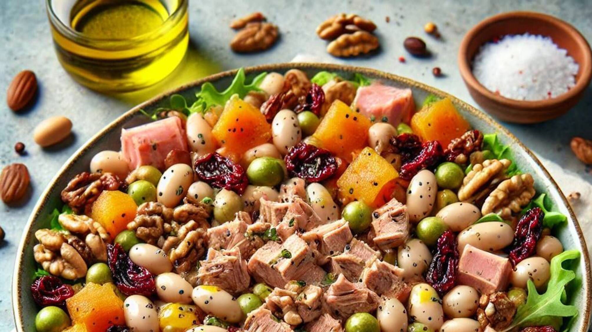 Салат з консервованого тунця, квасолі та сухофруктів