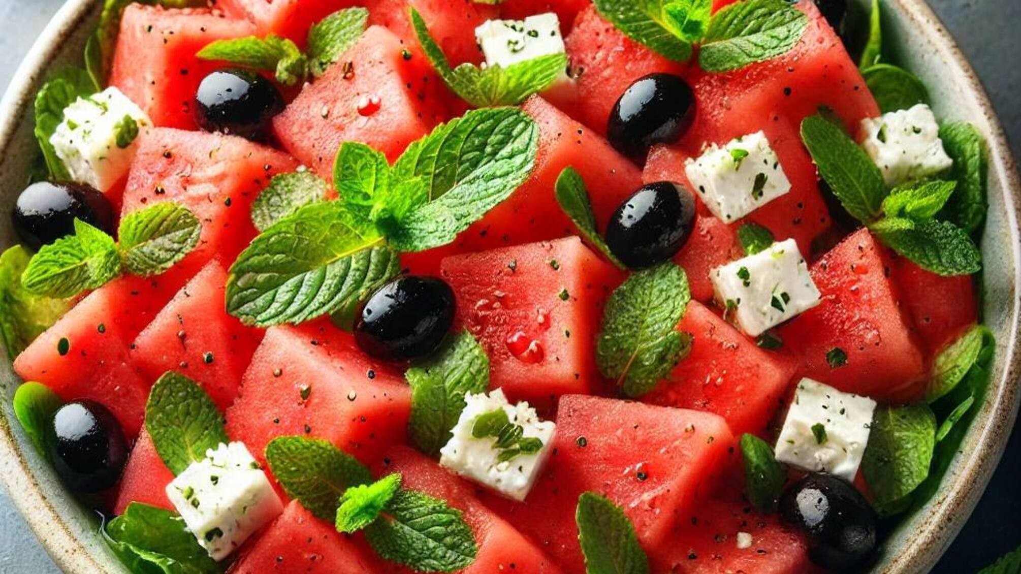 Салат з кавуна, сиру фета та м'яти