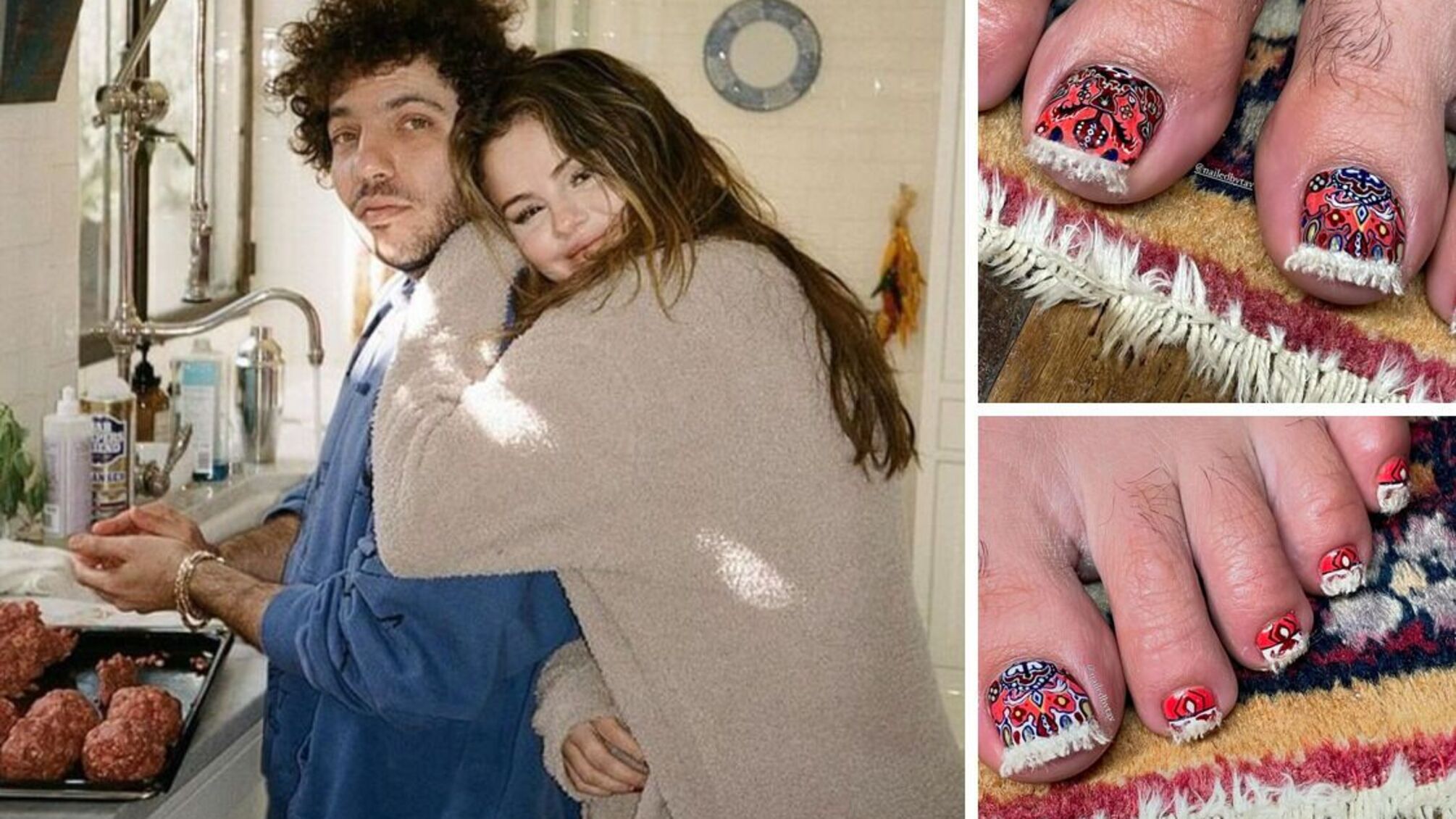 Необычный педикюр Бенни Бланко: коралловые узоры и пушистая бахрома