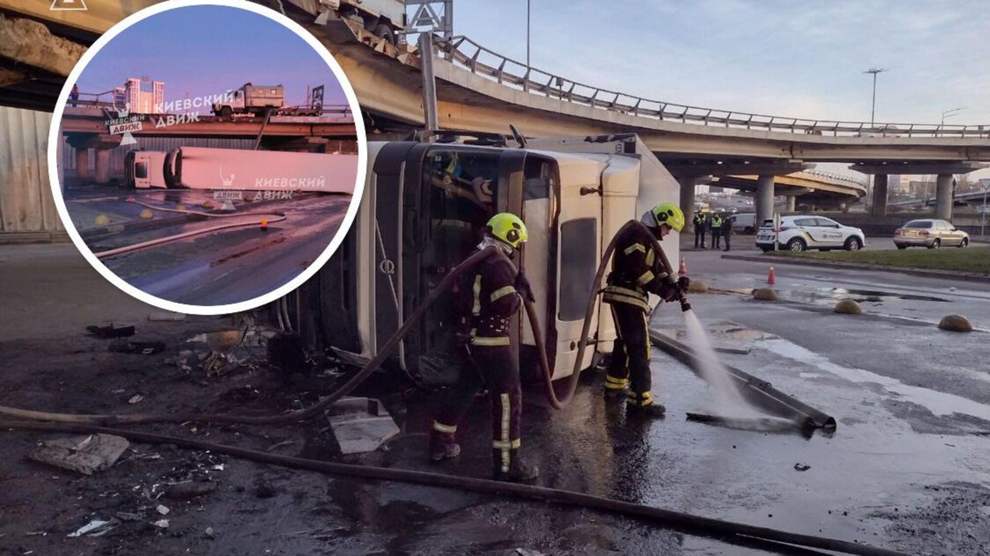 Рятувальники працюють на Видубичах: вантажівка злетіла з мосту