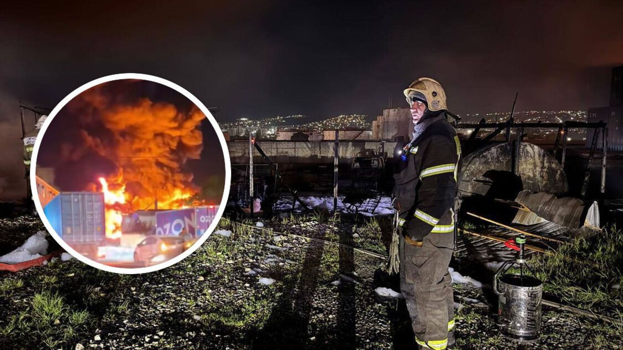 Взрывы и пожар в промышленной зоне в Кирилловке возле Новороссийска